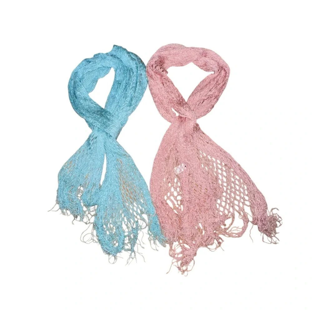 2 Scarves- Pink and Aqua Open-Knit Fringe - Women Accessories